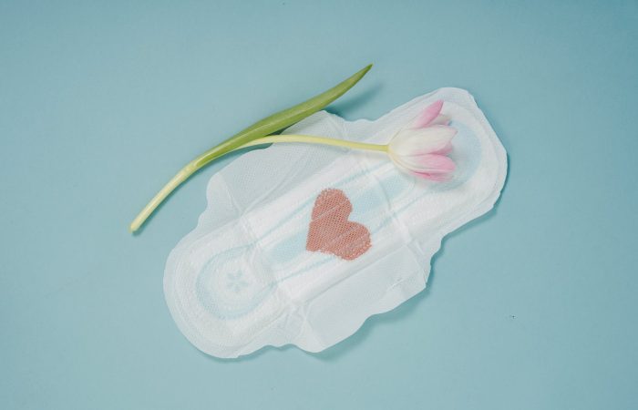 feminine hygiene pad and pink tulip placed on blue background